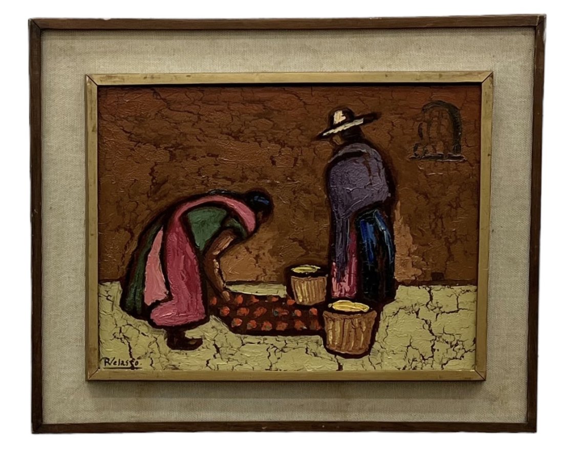 Mexican Modernist Street Scene, Signed: Oil on board 16 x 12 in, 21.5 x 17.5 in (framed)