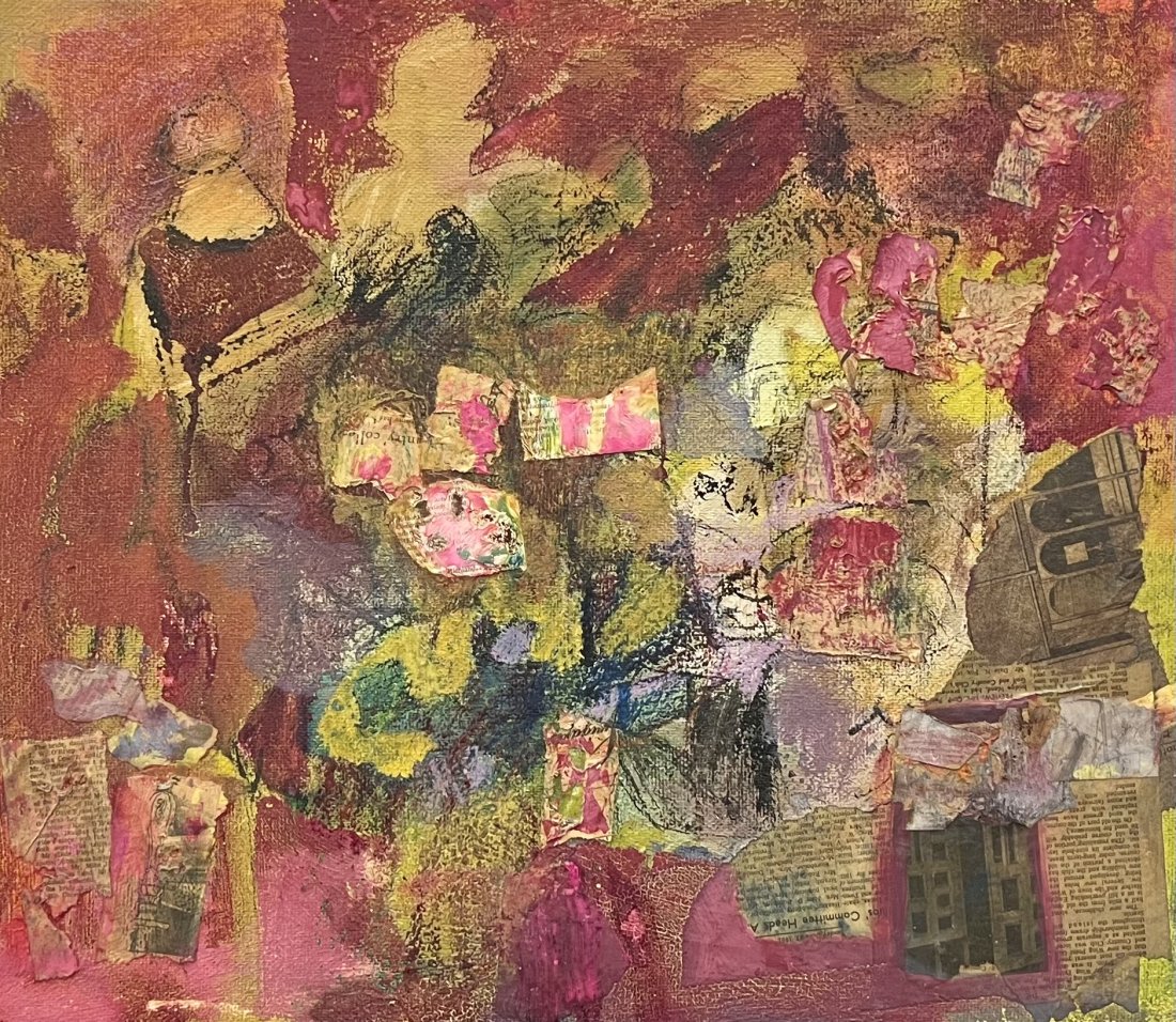 NANCY VANDENBERG LEE (1933-1990, American) Abstract: Oil and collage on board 23 x 20 in