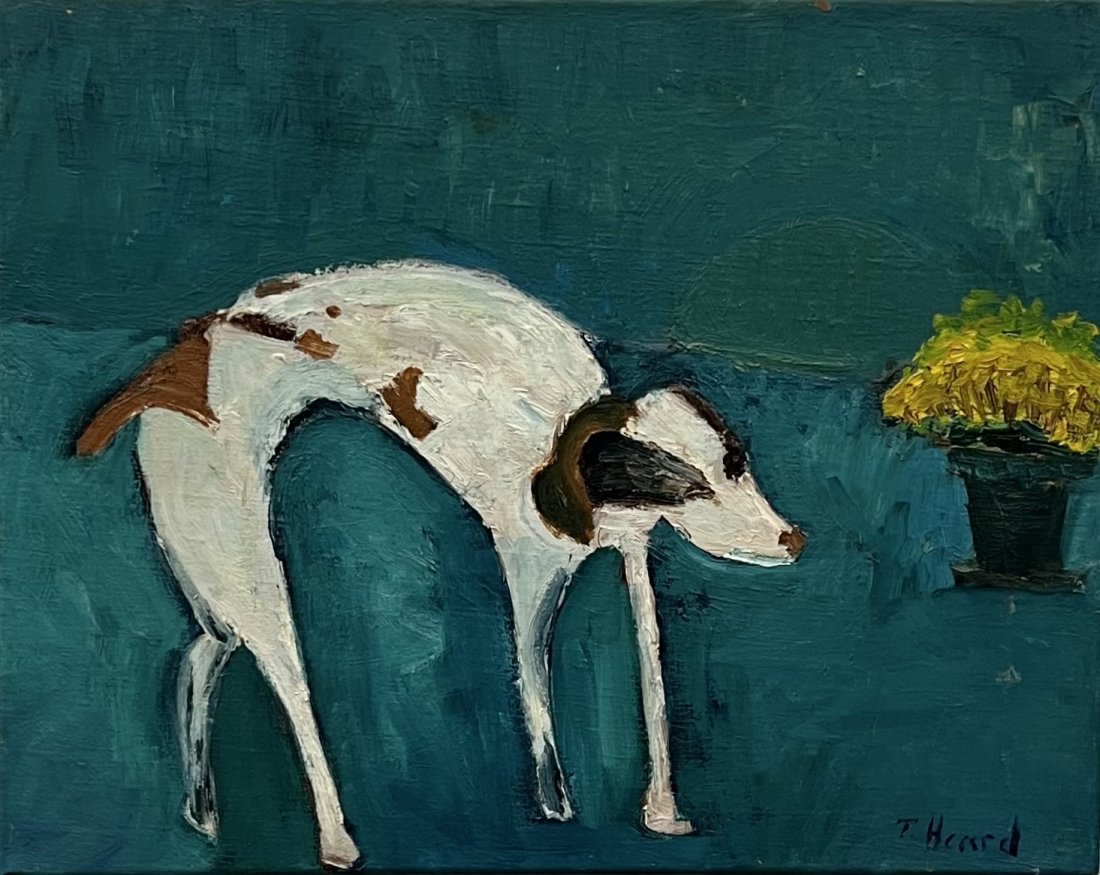 Modernist Naive Painting Of A Dog, Signed: Oil on canvas 20 x 16 in