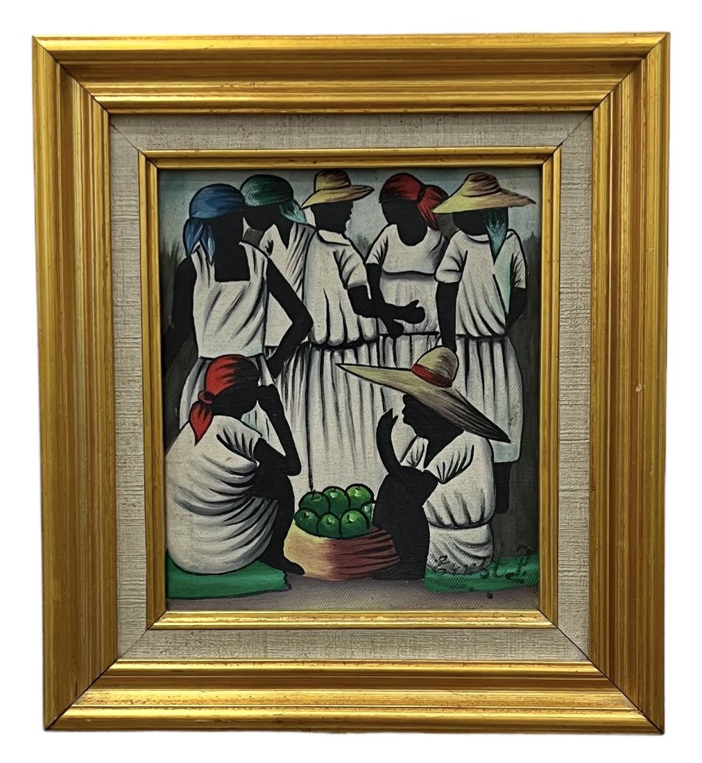 Vintage Haitian Painting w/ Figures, Signed: Oil on canvas 10.5 x 8.5 in, 15 x 13.5 in (framed)