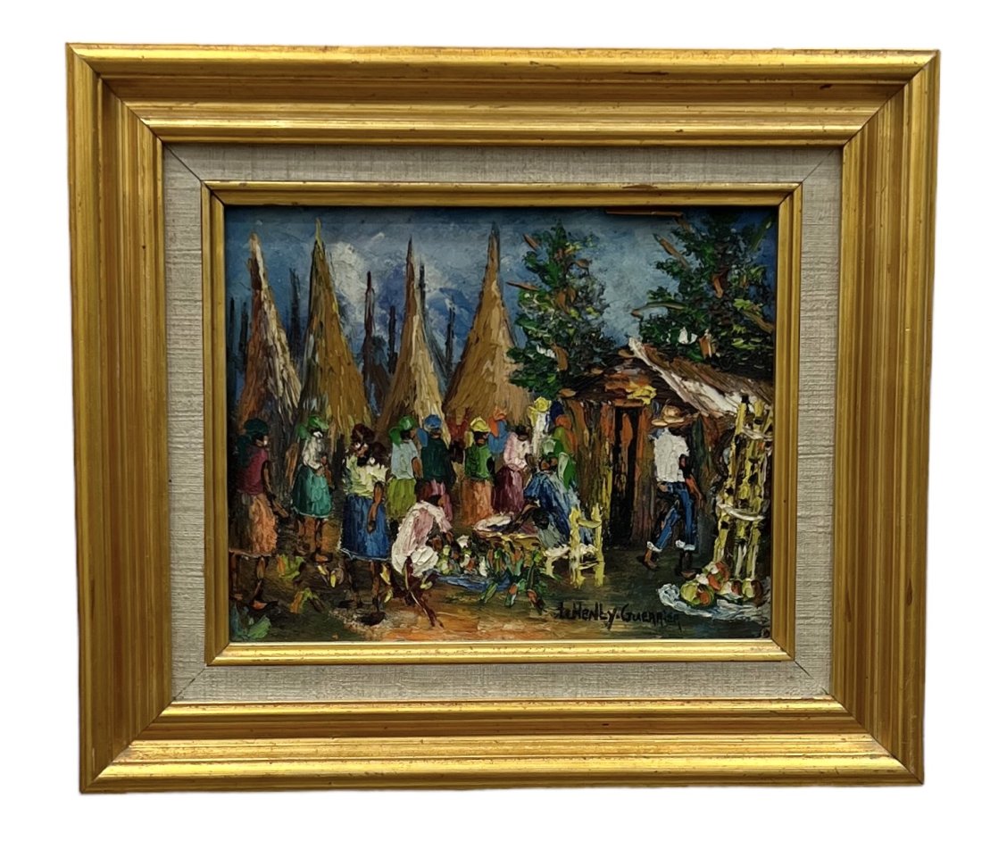 Vintage Haitian Impressionist Village Scene Painting, Signed (1 of 3)