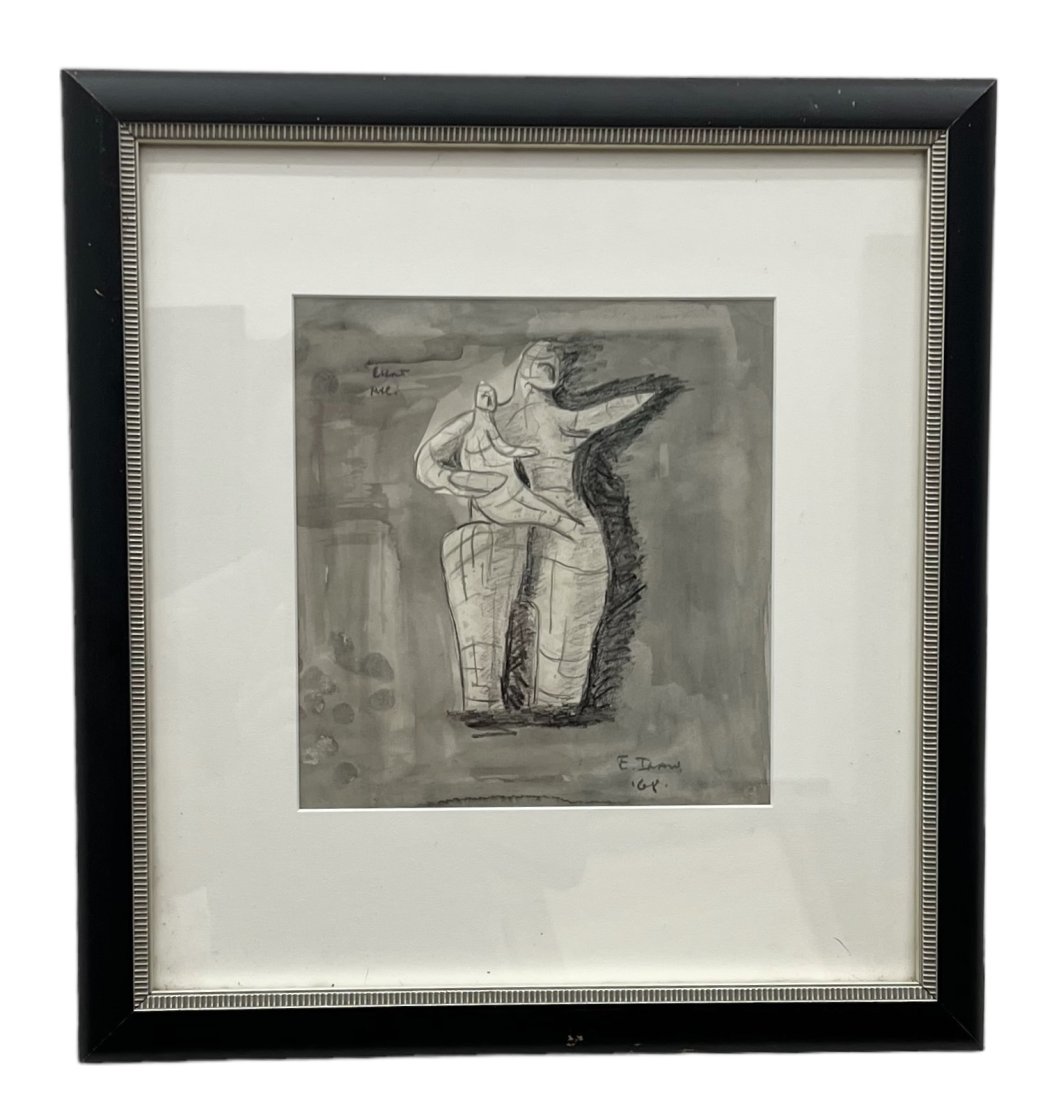 1960's Modernist Painting Of Figures, Signed Unknown Artist: Mixed media on paper 9 x 8.5 in, 17 x 16 in (framed)