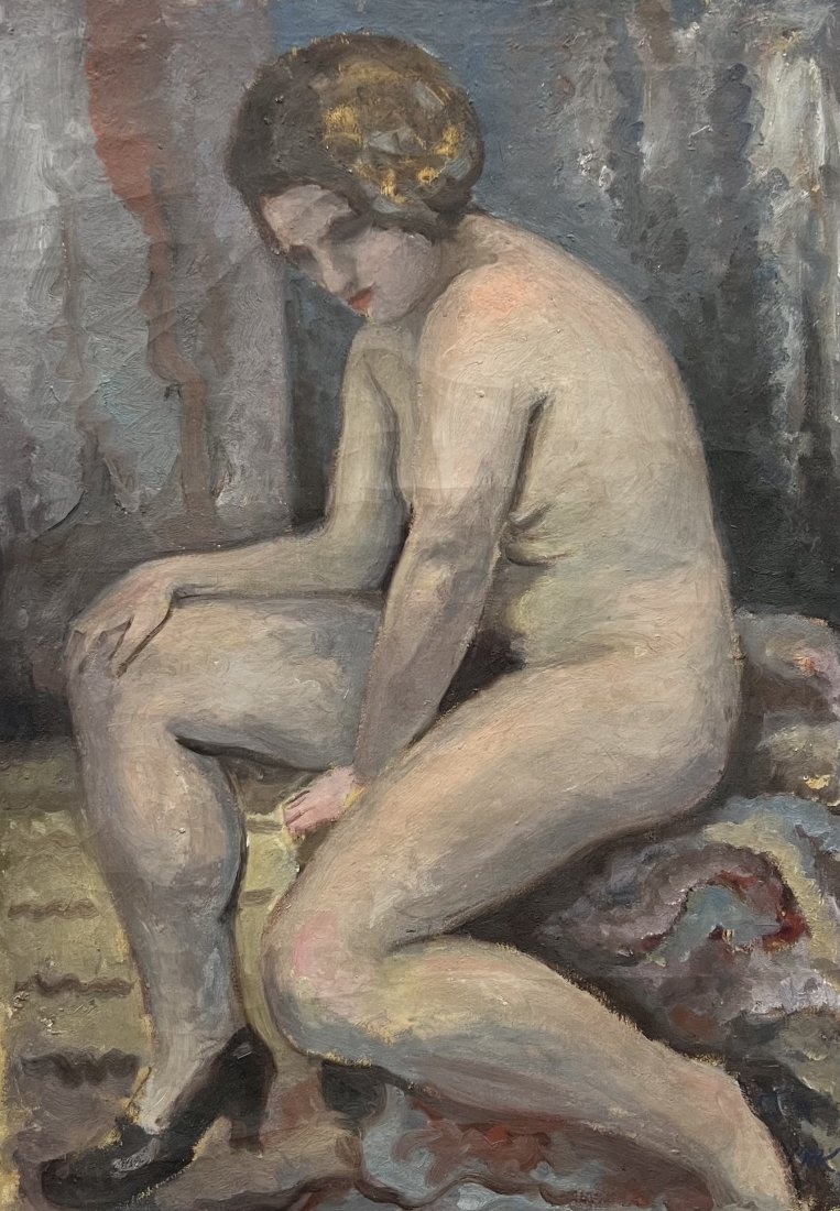 Mid-Century Modernist Nude Portrait, Signed Unknown Artist: Oil on canvas 33.5 x 23.5 in