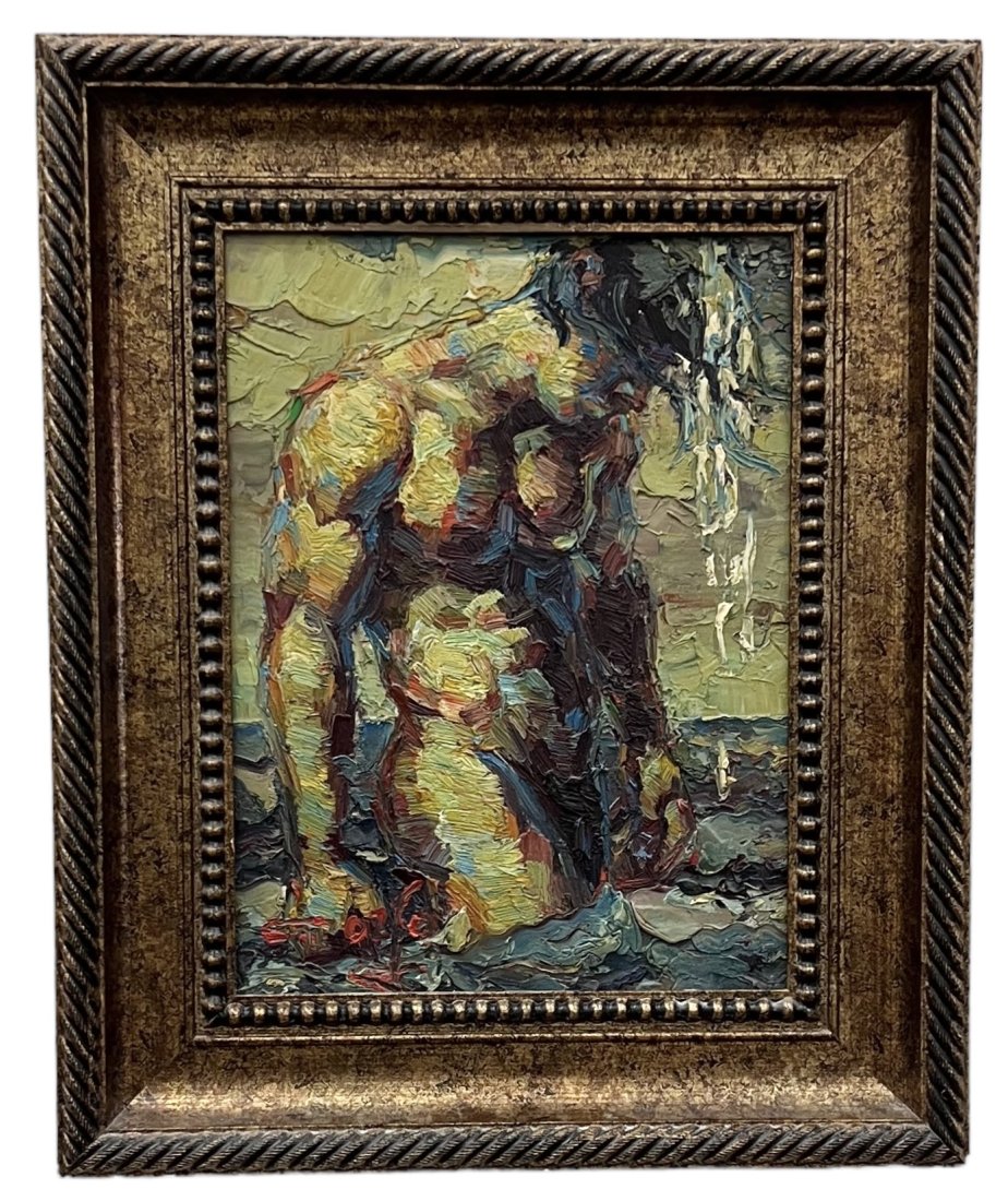 Male Erotica Modern Nude Portrait, Illegible Signature: Oil on canvas 16 x 12 in, 22 1/2 x 18 1/2 in (framed)