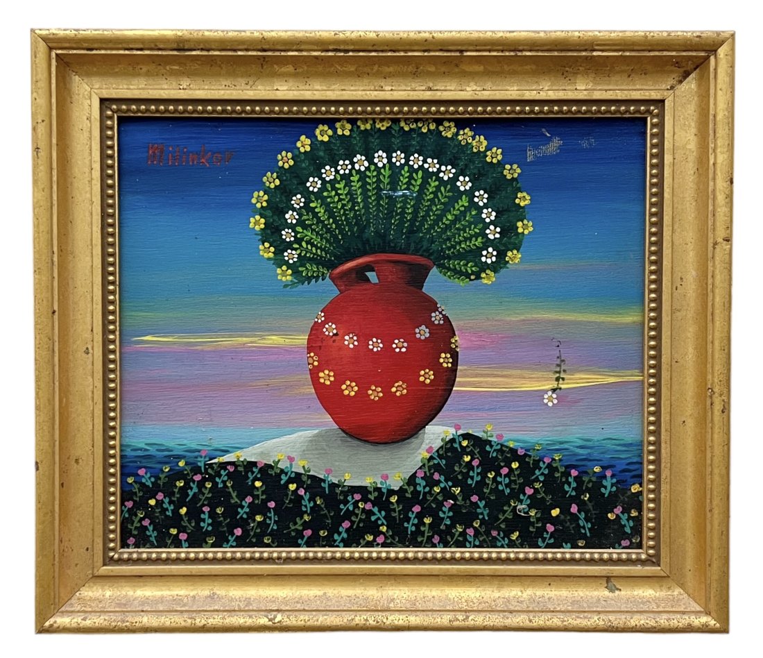 LJUBOMIR MILINKOV (b. 1938, Serbia, Illinois) Whimsical Landscape: Oil on board 13 x 11.5 in (framed)