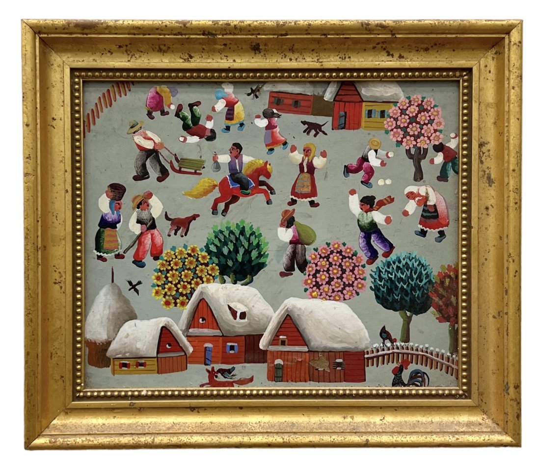 LJUBOMIR MILINKOV (b. 1938, Serbia, Illinois) Folk Art: Oil on board 13 x 11.5 in (framed)