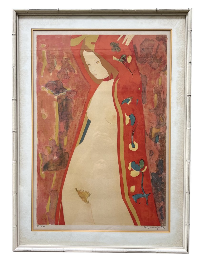 Alain Bonnefoit (b. 1937, France ) Art Nouveau Modernist Nude Lithograph Signed: 31 x 21.5 in, 39 x 29 in (framed)