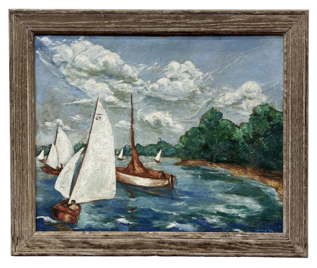 1940's American Modernist Harbor Scene With Sailboats, Signed (1 of 3)