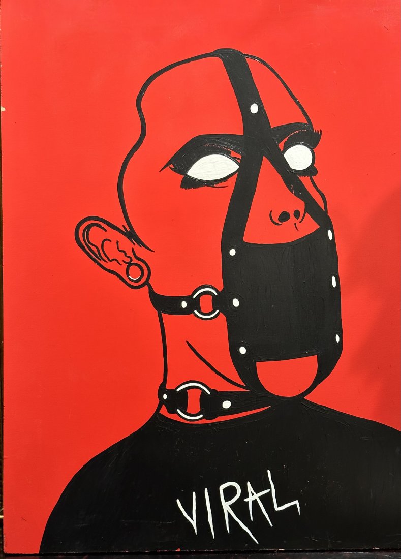Contemporary Bondage Painting Pop Art, Signed: Oil on wood 20 x 14.5 in