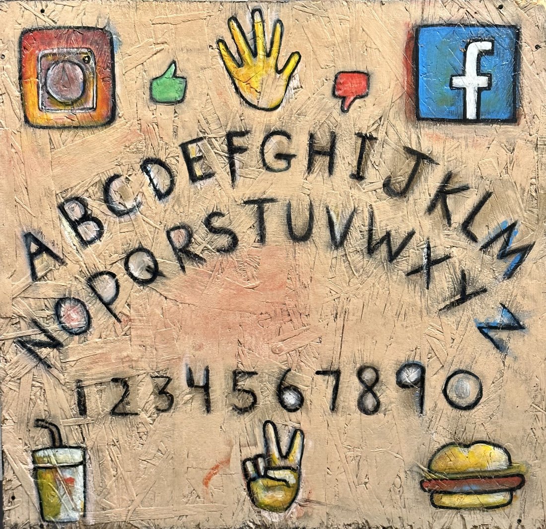 Contemporary Street Art Ouija Board Social Media Painting: Painted on wood 17 x 18.5 in