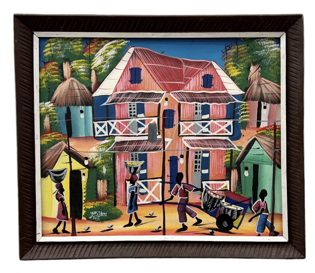 Colorful Haitian Painting Village Scene, Signed: Oil on canvas 24 x 20 in, 27.5 x 23.5 in (framed)