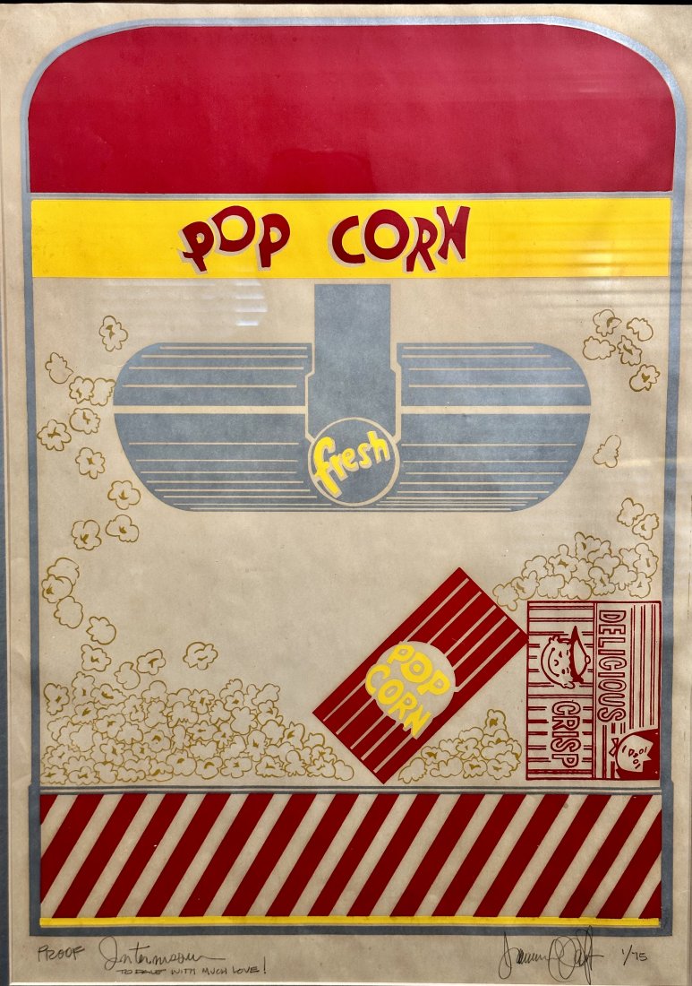 Vintage American "Pop Corn" Artist Signed Serigraph Print: Artist unknown. 22.5 x 16 in (sight)