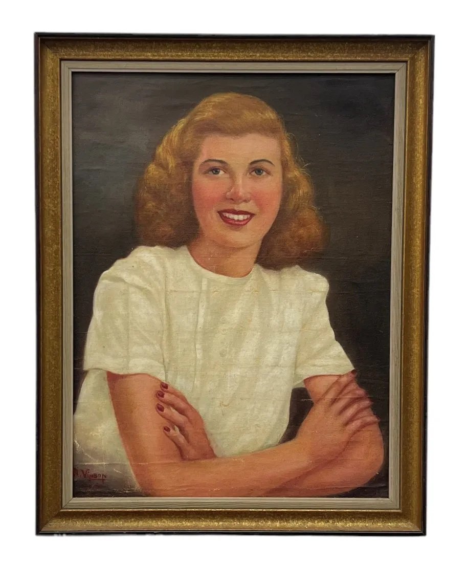 1940's American Portrait Of A Young Woman Dated 1946, Belonged To A Veteran: Oil on canvas 22 x 17 in, 25 x 20 in (framed)