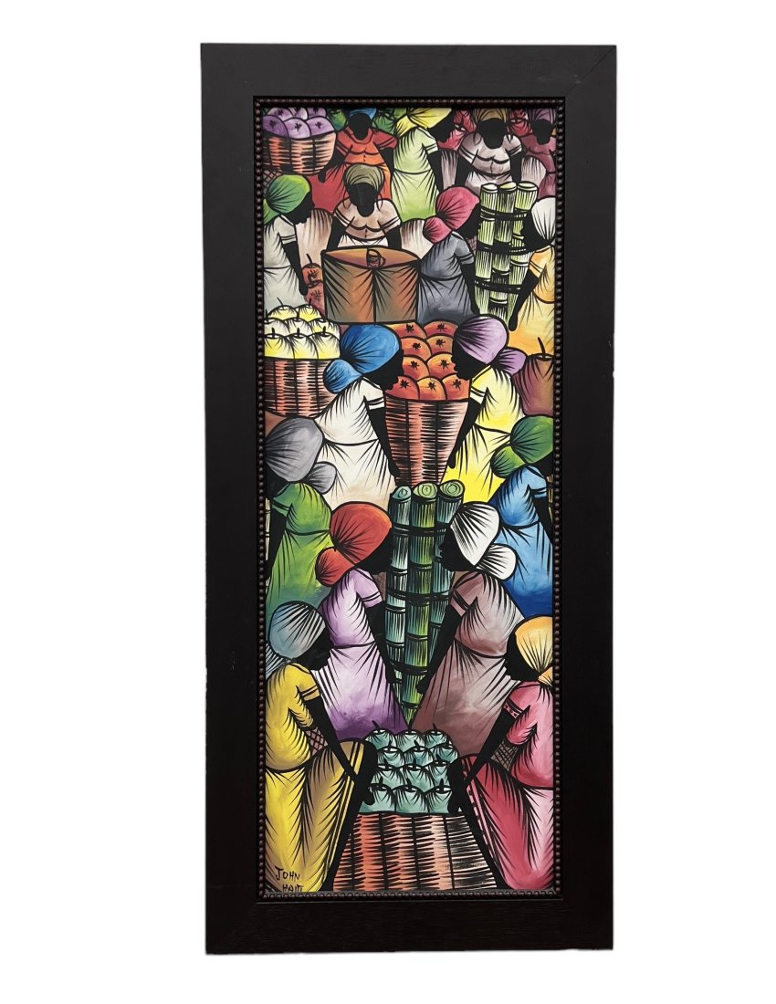 Colorful Haitian Street Art Painting Abstract Market Scene, Signed: Oil on canvas 45.5 x 20.5 in (framed)