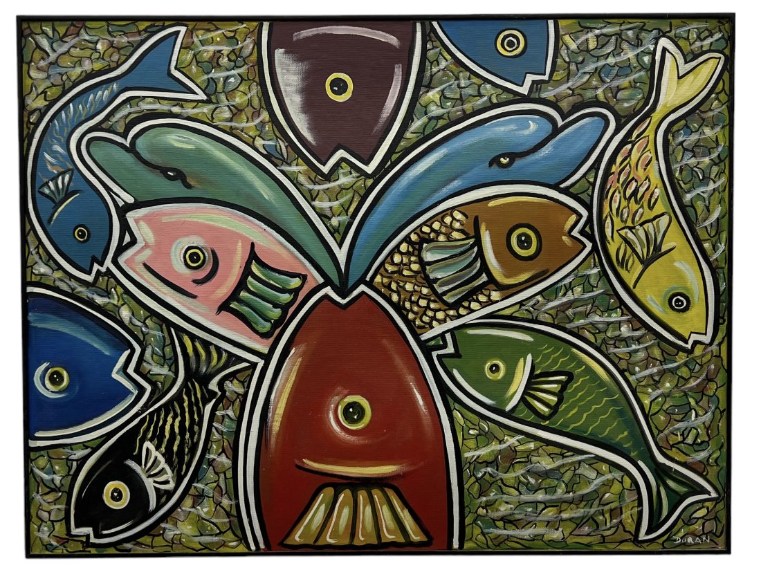 Colorful Haitian Fish Abstract Signed Duran: Oil on board 34 x 26 in