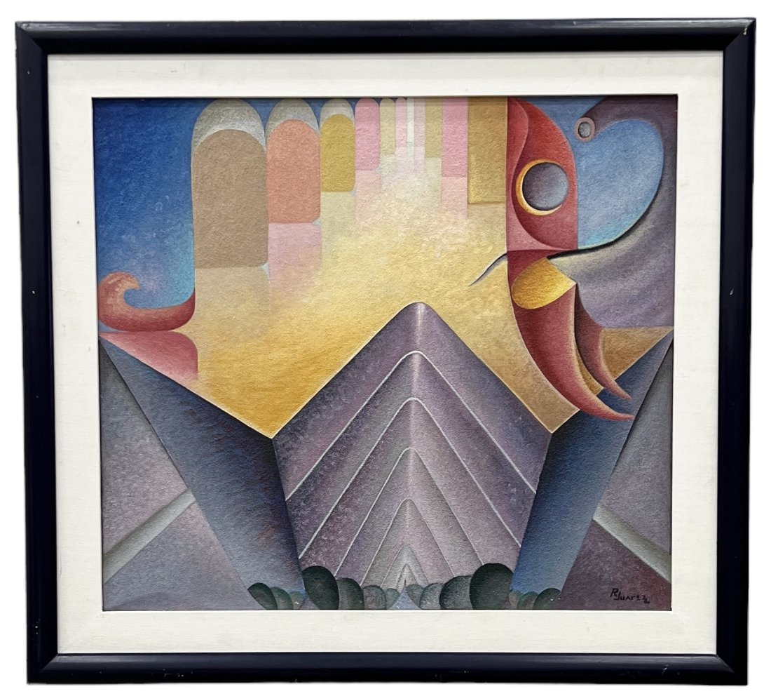 Latin American Futurist Abstract Signed R. Juarez: Oil on board 35.5 x 31.5 in, 43.5 x 39.5 in (framed)