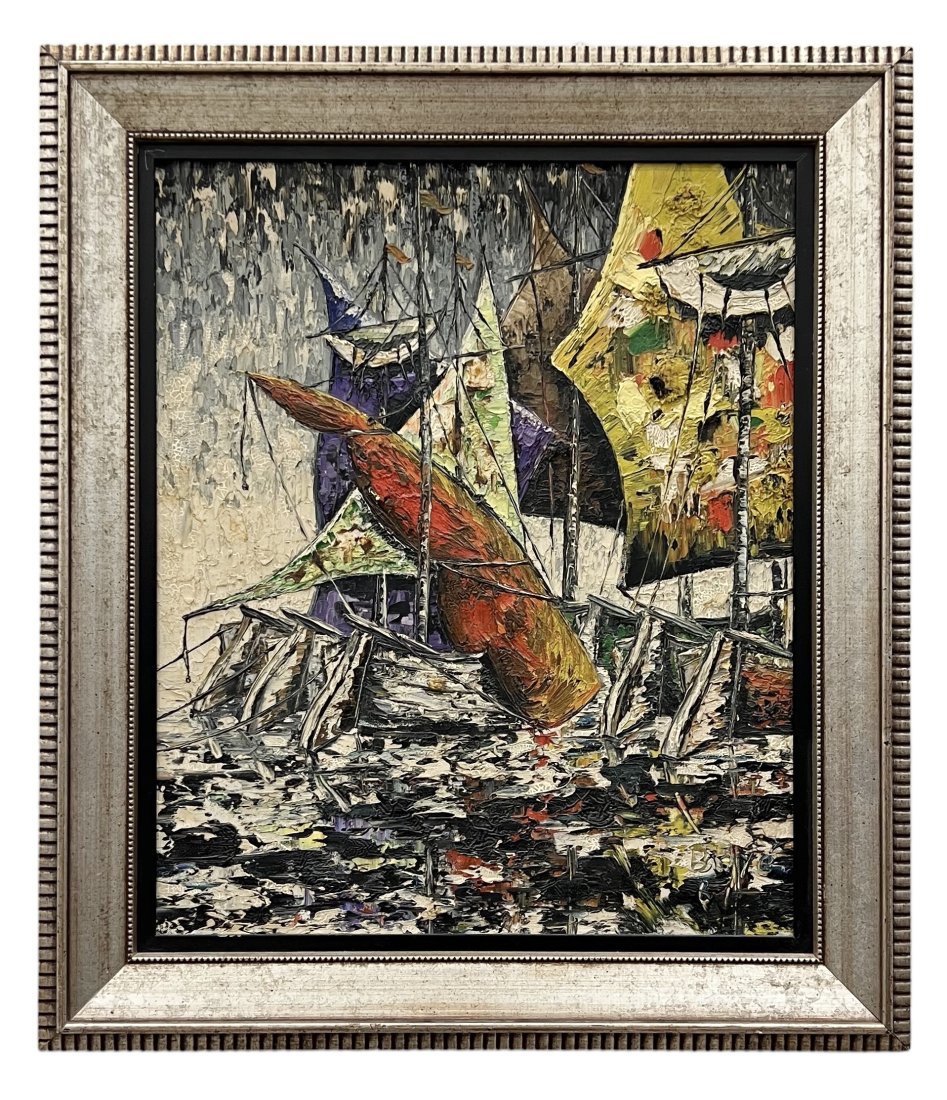 Mid-Century Harbor Scene Of Sailboats In Storm, Signed Unknown Artist: Oil on canvas 23 x 19 in, 29 x 25.5 in (framed)