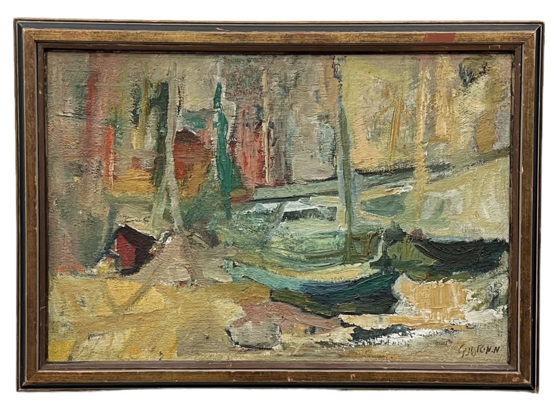 Mid-Century Harbor Scene Abstract Painting Signed Illegibly: Oil on board 32 x 22 in, 36 x 25.5 in (framed)
