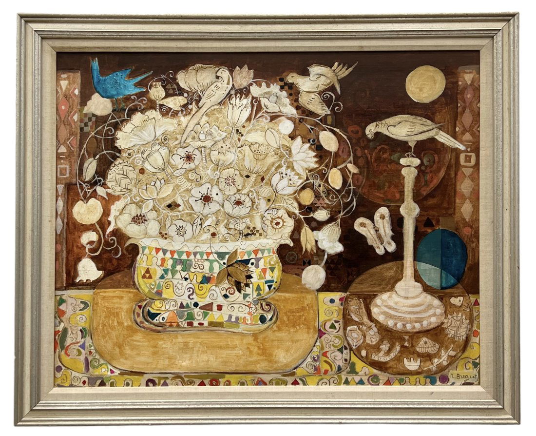 French Still Life Painting Signed Breguet, Style Of Gustav Klimt: Oil on canvas 36 x 28.5, 41.5 x 34 in (framed)