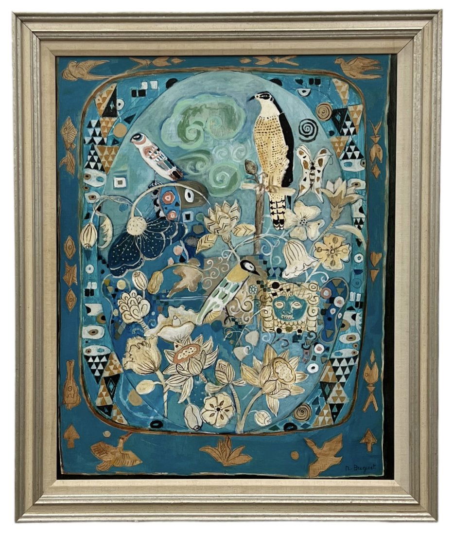 French Abstract With Birds Painting, Signed Breguet: Oil on canvas 31.5 x 25.5 in, 37 x 31 in (framed)