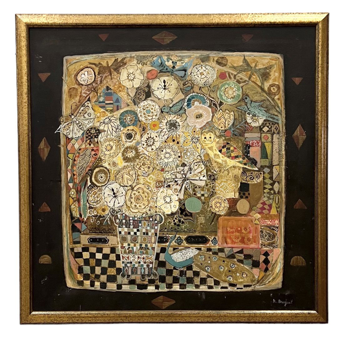 French Still Life Painting Signed Breguet, Style Of Gustav Klimt: Oil on canvas 31 x 31 in, 34 x 34 in (framed)