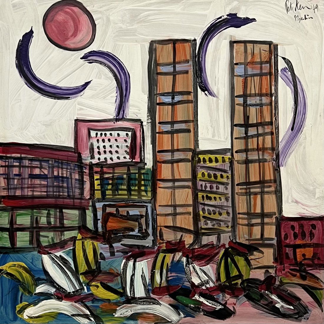 PETER KEIL (B. 1942, Germany) Twin Towers: Acrylic on canvas 48 x 48 in