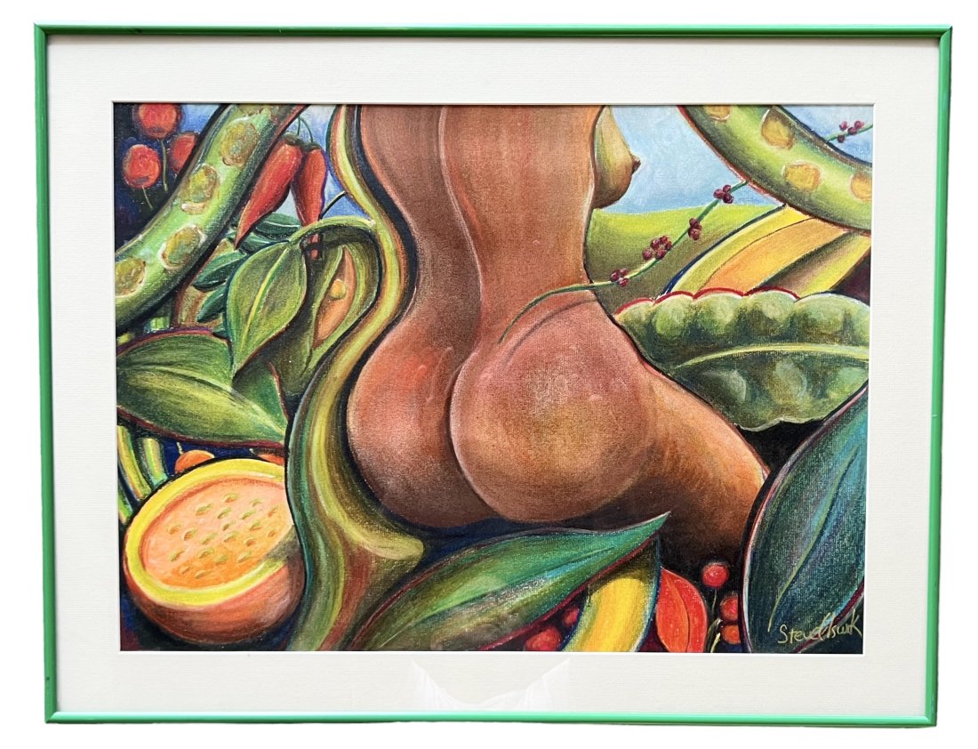 STEVE ELSWICK (20th c, American) Nude In Garden: Pastel on paper 22 x 16 in, 26.5 x 20.5 in (framed)