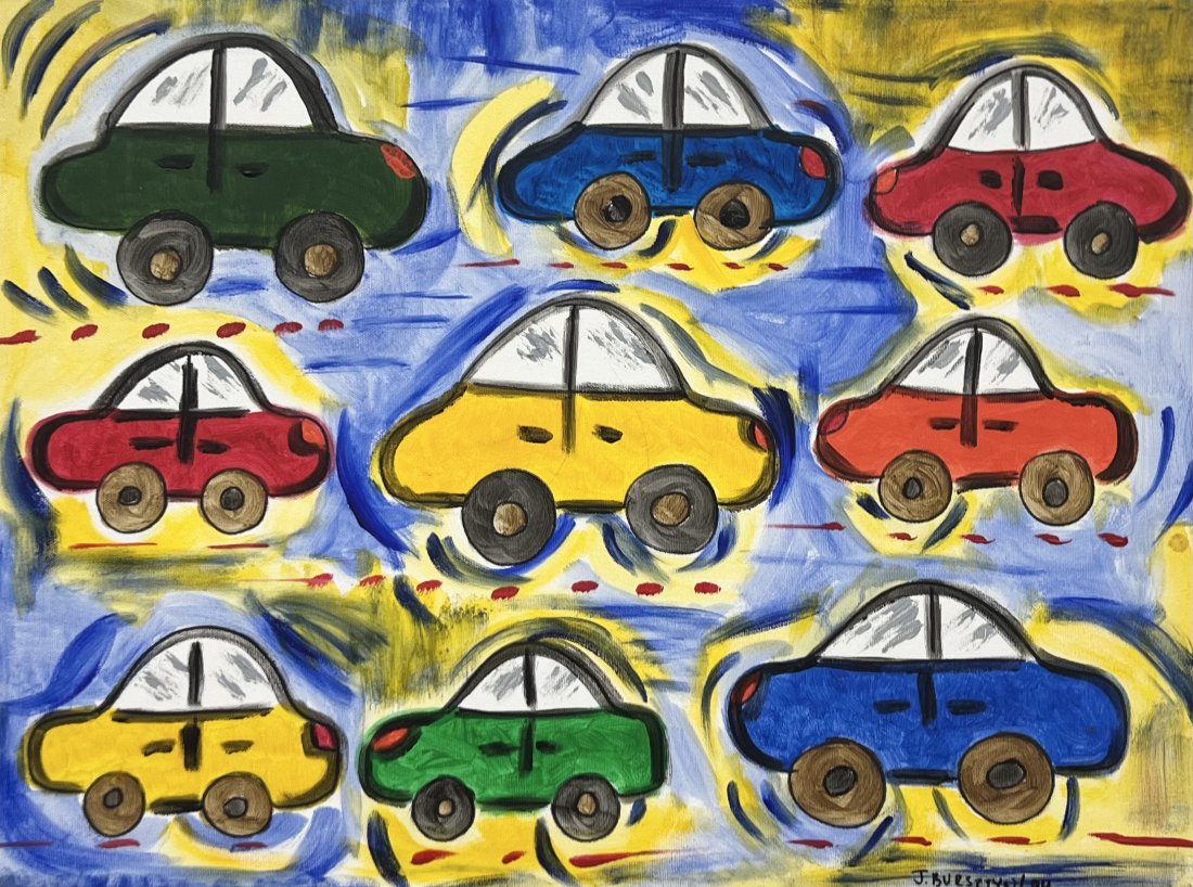 JESSICA BURSZTYN (20th c , American) Cars: Acrylic on canvas 18 x 24 in. Unframed