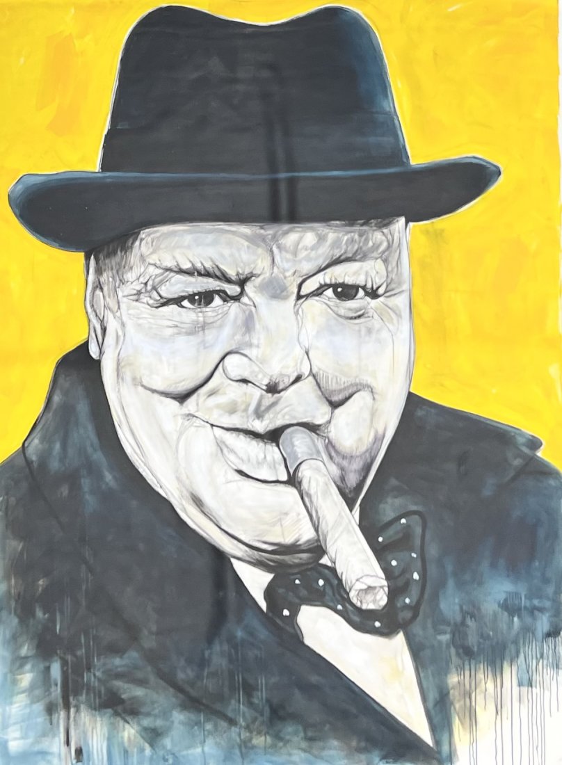 JAIME ADROVER (20th c, American) Monumental Winston Churchill Portrait (109 x 80 in): Oil on canvas 109 x 80 in (un-stretched). Shipped rolled