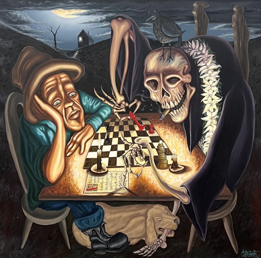 JAIME ADROVER (20th c, American) Playing Chess With Death: Lowbrow style art. Acrylic on canvas 48 x 48 in