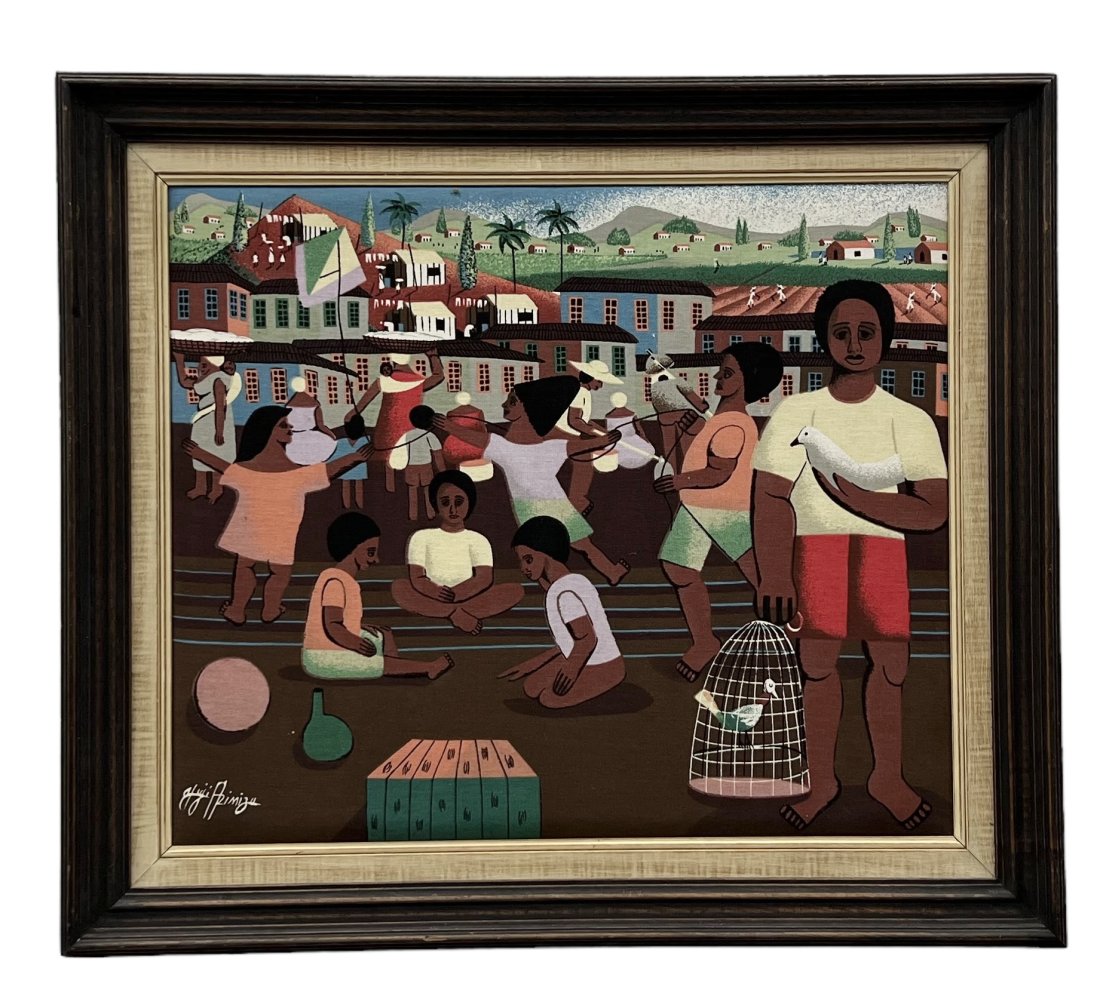 Vintage Colombian Cubist Village Scene Signed Bogota Gallery Label: Batik style painting 22 x 19 in, 28.5 x 25.5 in (framed)