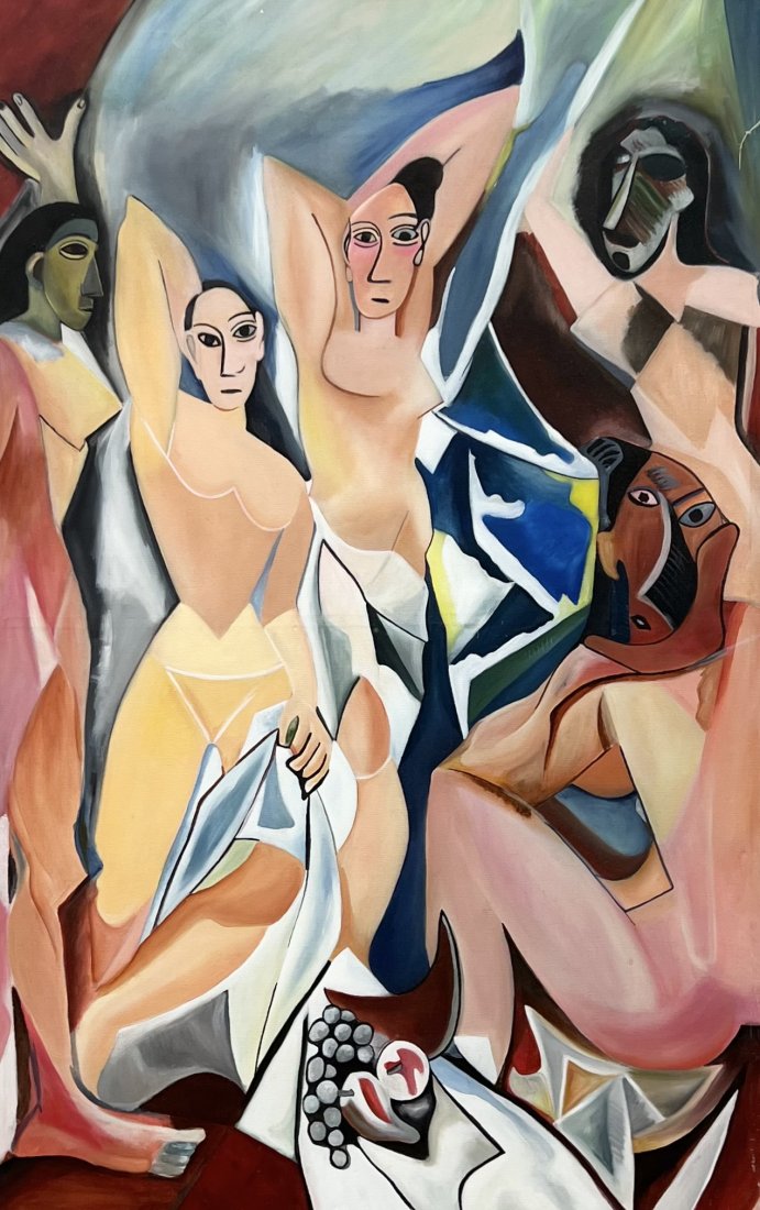 MERLYS CORPAS (20th c, American) Cubist Figures After Picasso, Large Painting: Oil on canvas 60 x 37.5 in