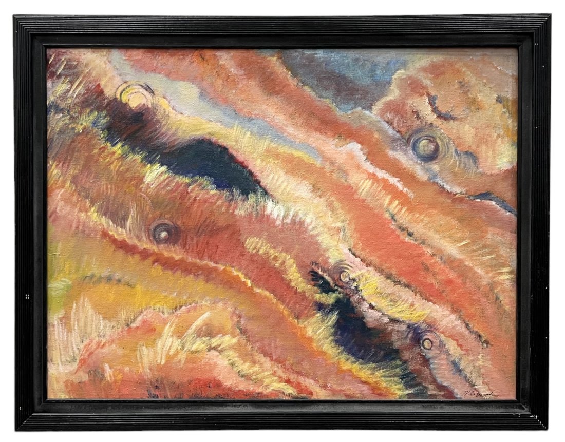 Modern Futurist Abstract Painting Signed By Unknown Artist: Oil on canvas 40 x 30 in, 45 x 35 in (framed)