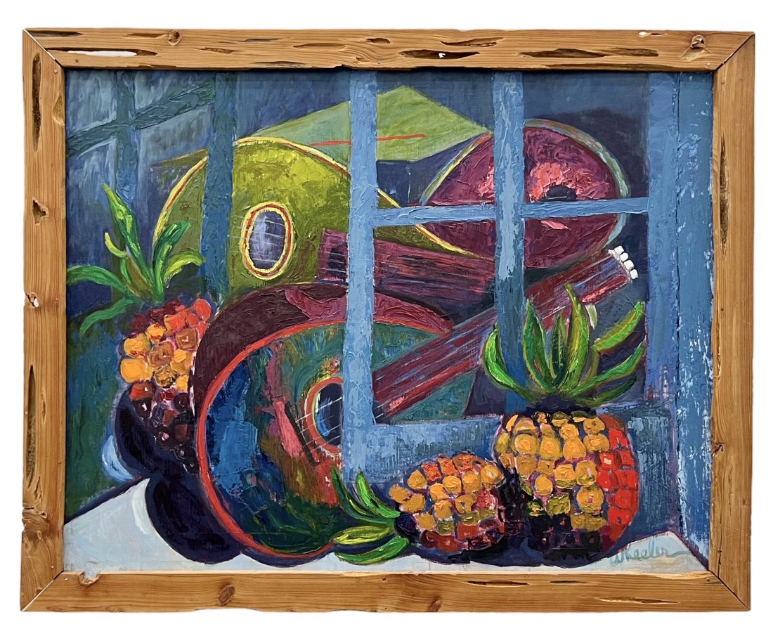 DORIS WHEELER (20th c, American) Modernist Still Life Guitars & Pineapples: Oil on canvas 28 x 22 in, 30 x 24 in (framed)