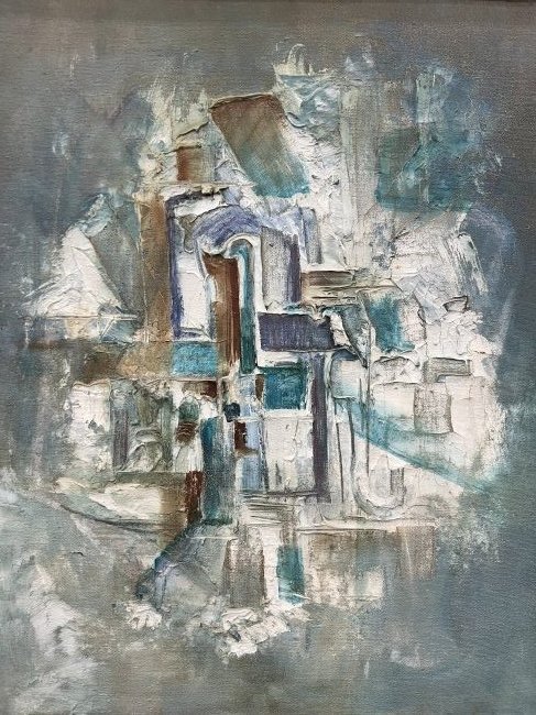 Mid-Century Modern Abstract Painting, Unsigned: Oil on canvas 30 x 25 in, 31 x 26 in (framed)