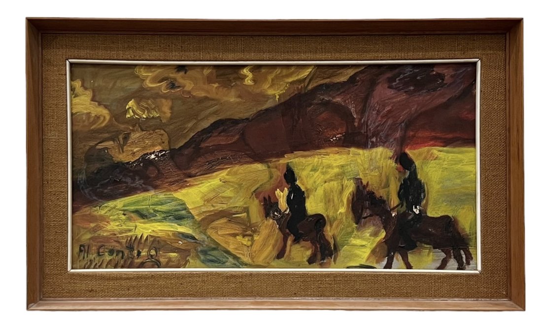 Italian Modernist Landscape w/ Figures On Horseback, Signed: Oil on canvas 24.5 x 13 in, 27.5 x 16.5 in (framed)