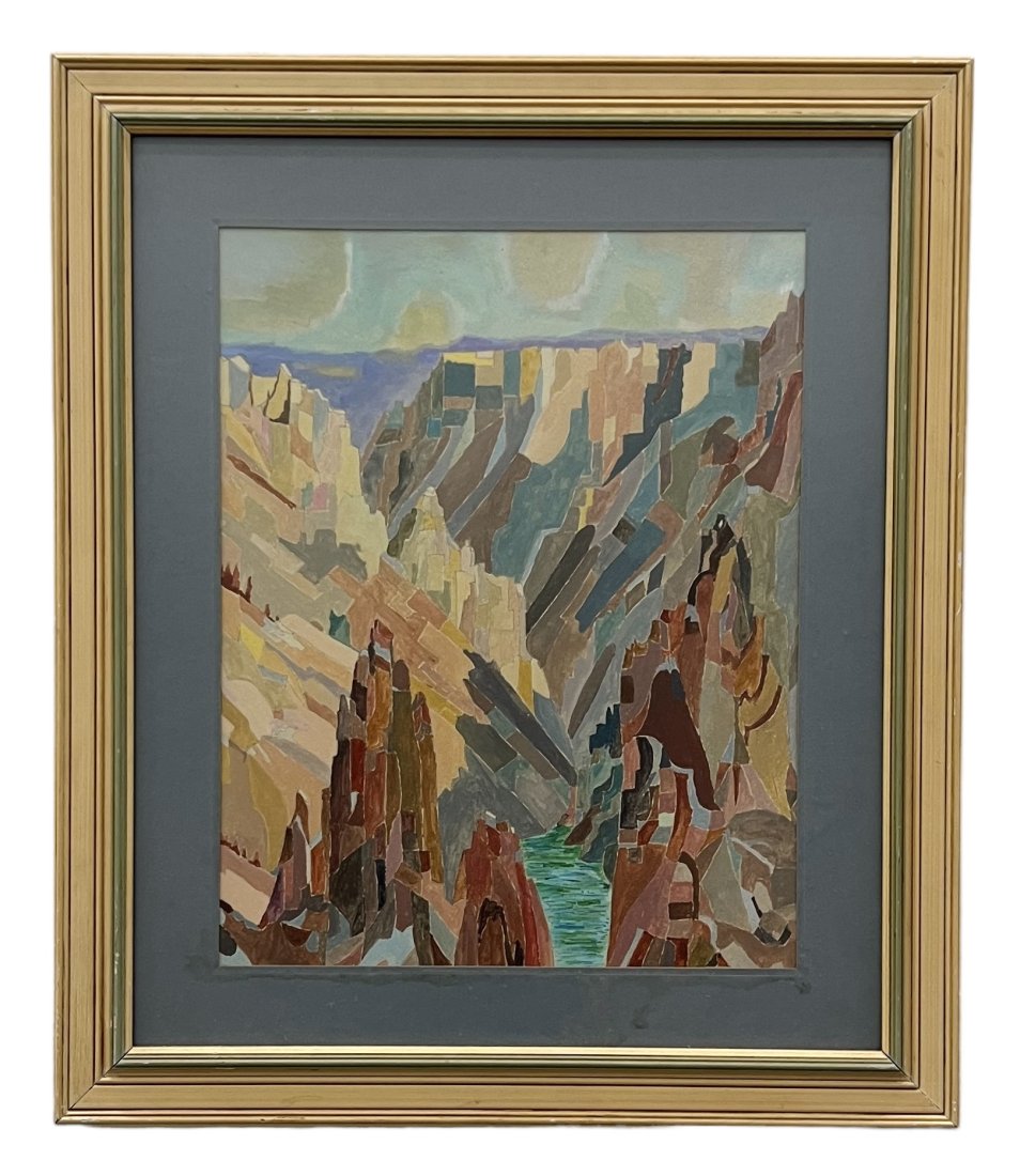American Modernist Painting Of The Grand Canyon, Unsigned: Acrylic on paper or board (under glass) 18 3/4 x 14 3/4 in, 27.5 x 23.5 in (framed)