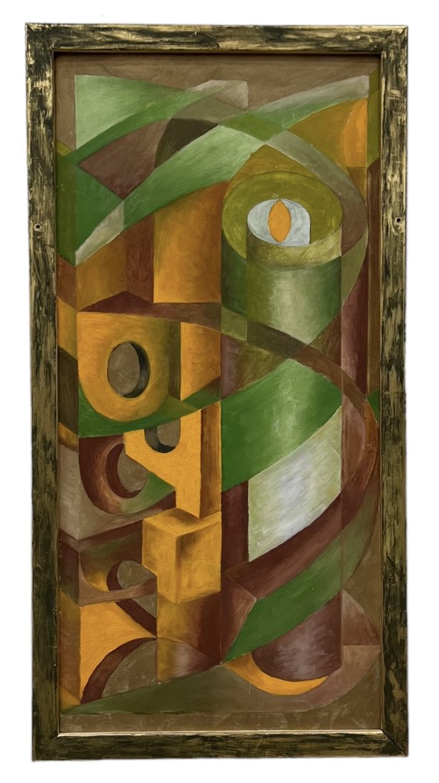 Mid-Century Modern Cubist Abstract Painting, Unsigned: Oil on masonite 25 x 12 in, 27 x 14 in (framed)