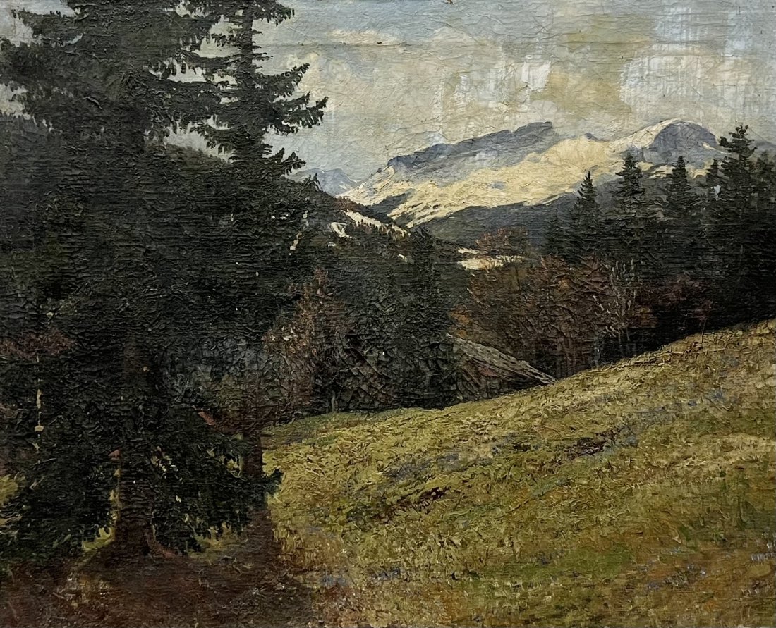 American Western Impressionist Rocky Mountain Landscape, Unsigned: Oil on canvas 27 x 22 in