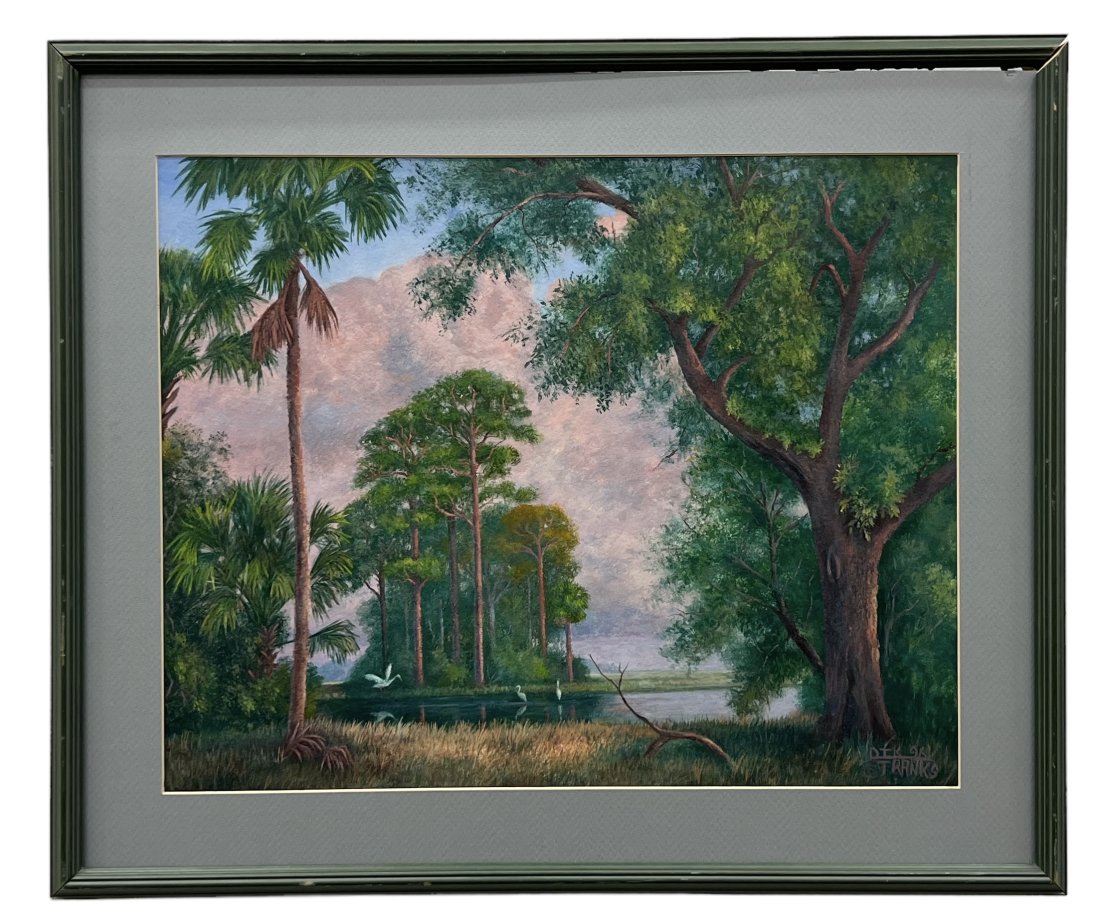 Vintage Florida Everglades Landscape Painting Signed By Unknown Artist: Oil on cardboard 19 x 15 in, 25 x 21 in (framed)