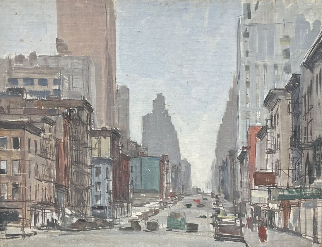 TORE ASPLUND (1903-1978, American) New York City Street Scene: Oil on board 18 x 14 in. Tore Asplund was brought to the United States when he was a year old. He studied in New York at the Art Students League, the Academy school, and the Grand Central Art School.