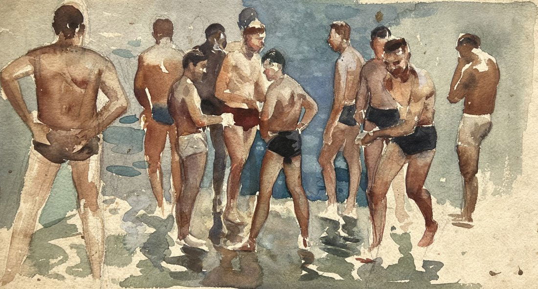 TORE ASPLUND (1903-1978, American) Gay Bathers Beach Scene: Watercolor on paper 21 x 11.5 in. Tore Asplund was brought to the United States when he was a year old. He studied in New York at the Art Students League, the Academy school, and the Grand Central Art
