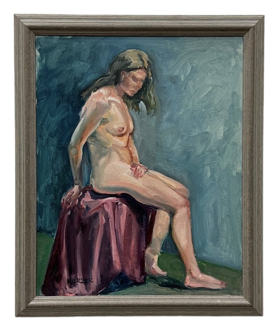 Vintage Seated Female Nude Painting Signed Kurzner: Oil on board 23 x 19 in (framed)