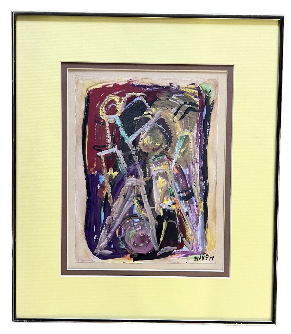 Mid-Century Mexican Modern Abstract w/ Figures, Signed & Dated 1955: Oil on paper 11 x 8.5 in, 18 x 16 in (framed)