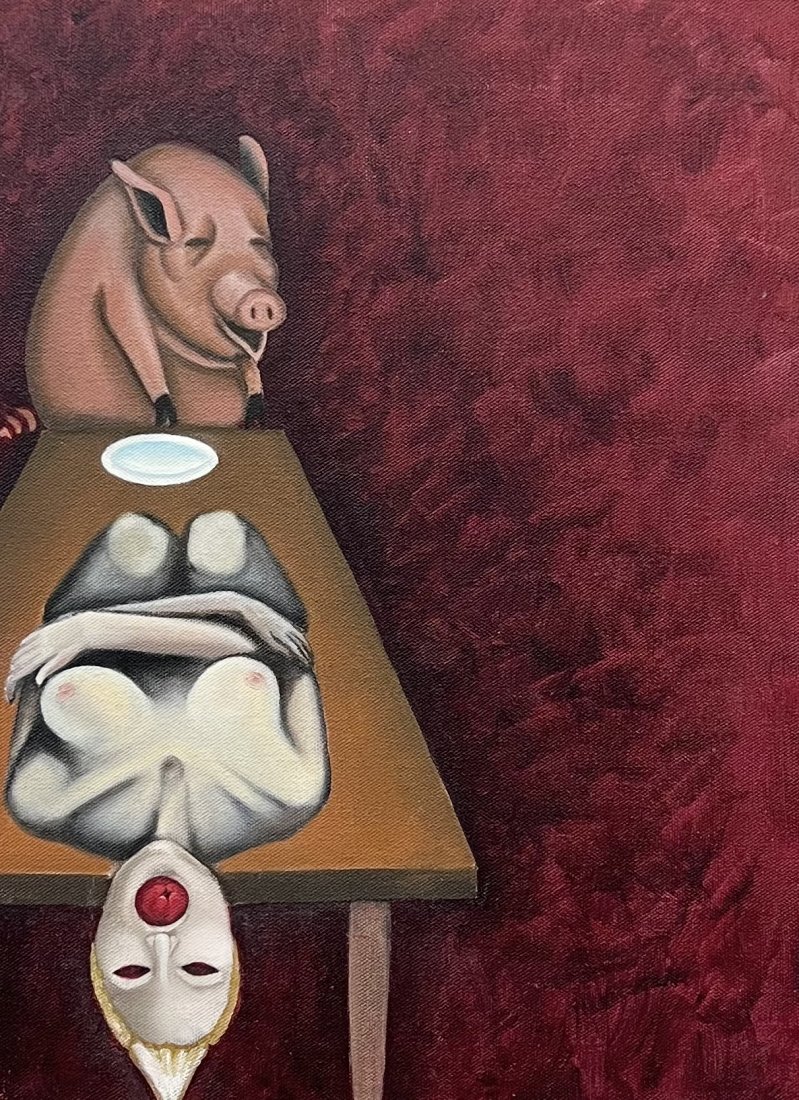 Unsigned Surrealist Painting "To Serve Man": Oil on canvas 16 x 12 in