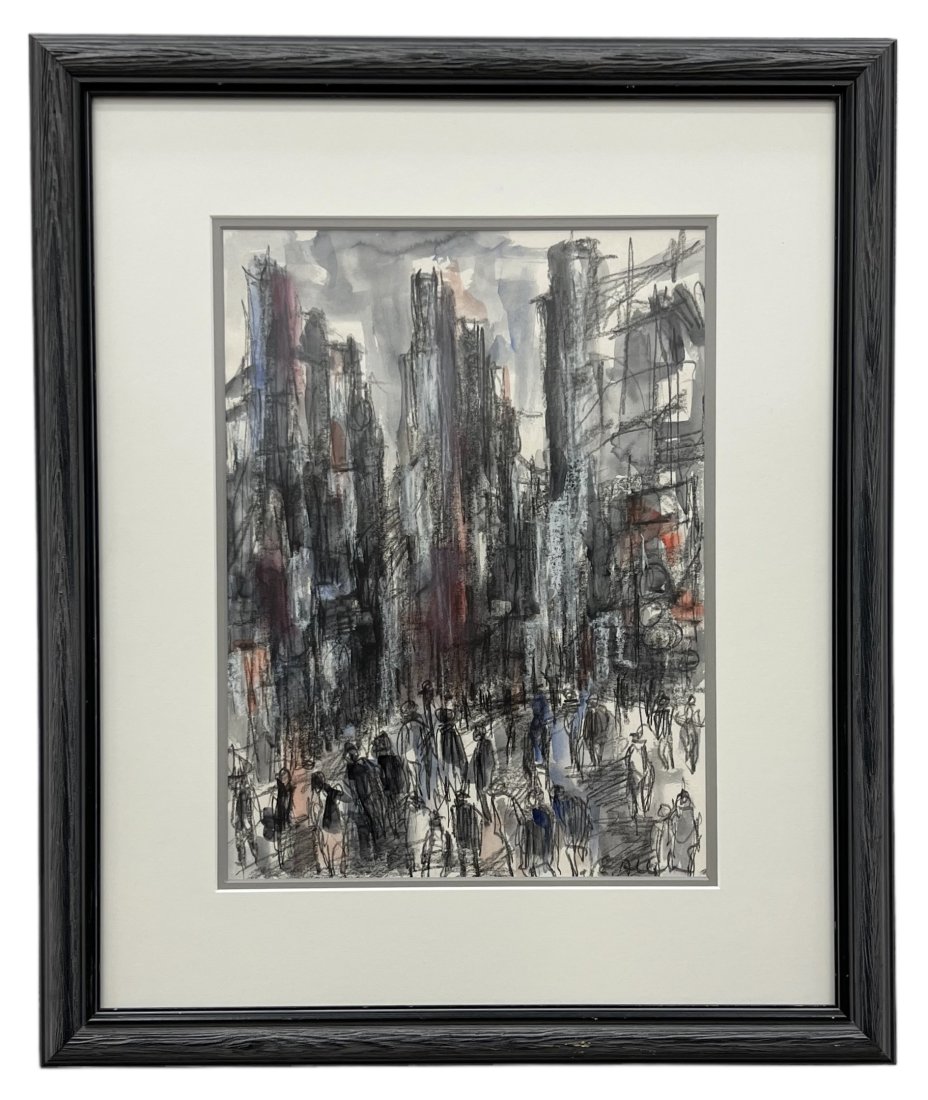 Vintage Modernist City Scene Abstract Painting, Illegible Signature: Mixed media on paper. 15.5 x 11 .5 in, 24.5 x 20.5 in (framed)