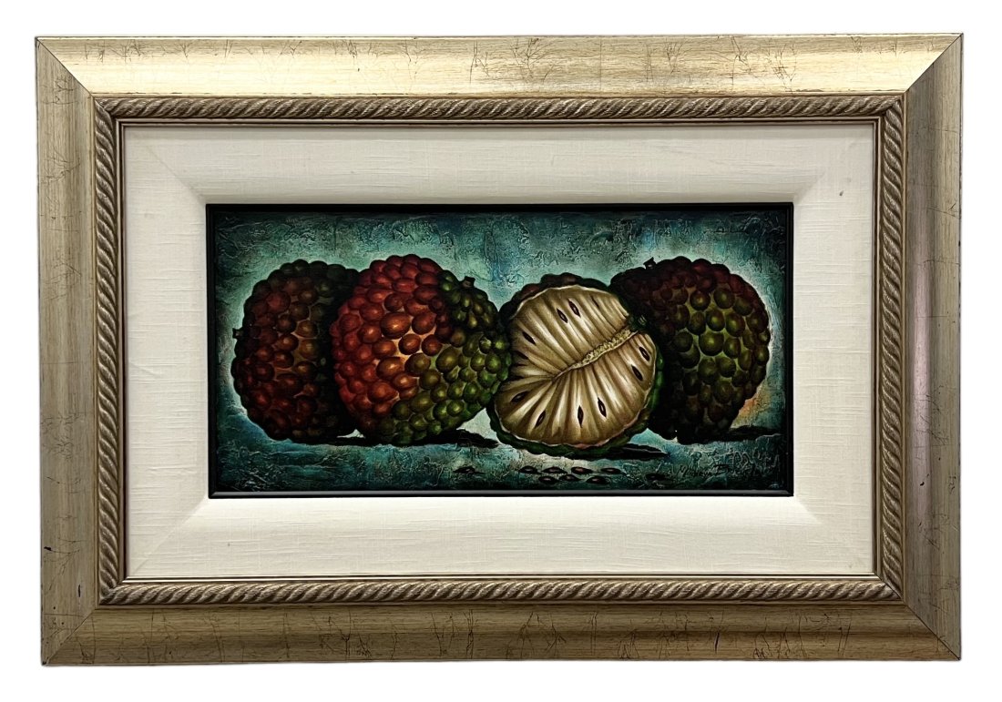 MINERVA BRIZUELA (1951-2021, Cuba) Still Life "Anones": Oil on canvas 24 x 12 in, 38 x 26 in (framed)