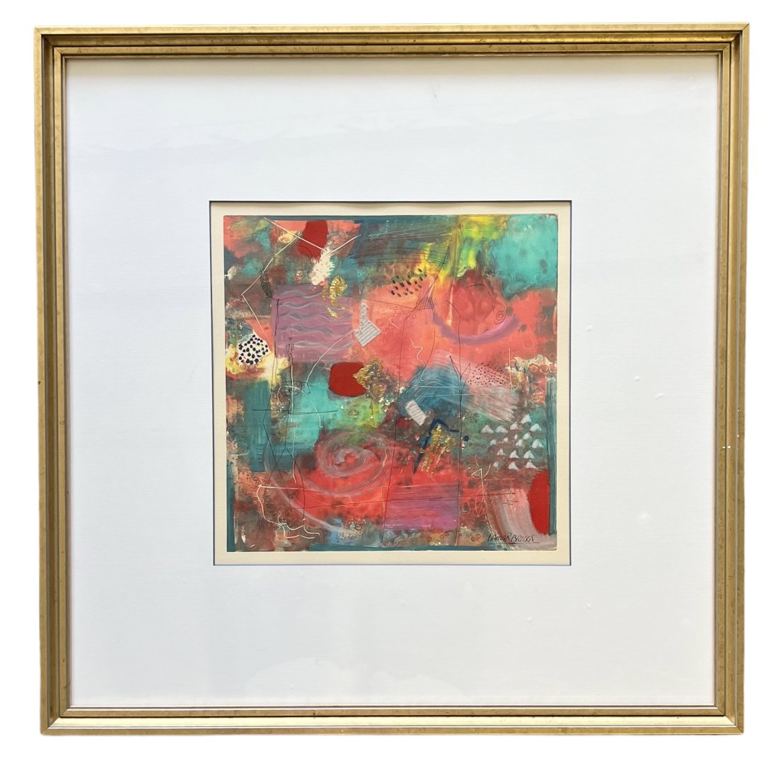 LAMAR BRIGGS (1935-2015, American) Abstract "Purple Lagoon", Florida Artist: Mixed media on paper 13 x 13 in, 26.5 x 26.5 in (framed)