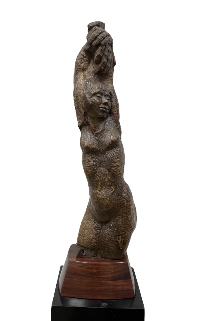 Vintage Carved Figural Nude Wood Sculpture Signed By Unknown Artist: 32.5 x 9 x 8 in