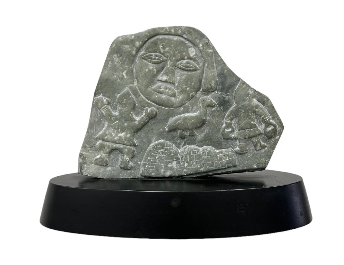 Inuit Stone Carving Plaque Sculpture On Wood Stand: 15 x 5 x 10 in